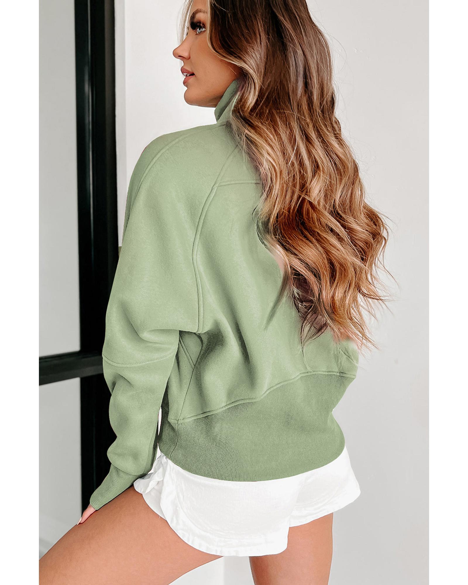 Smoke Green Fleece Lined Zip Up Stand Collar Thumbhole Sleeve Sweatshirt - Image 2