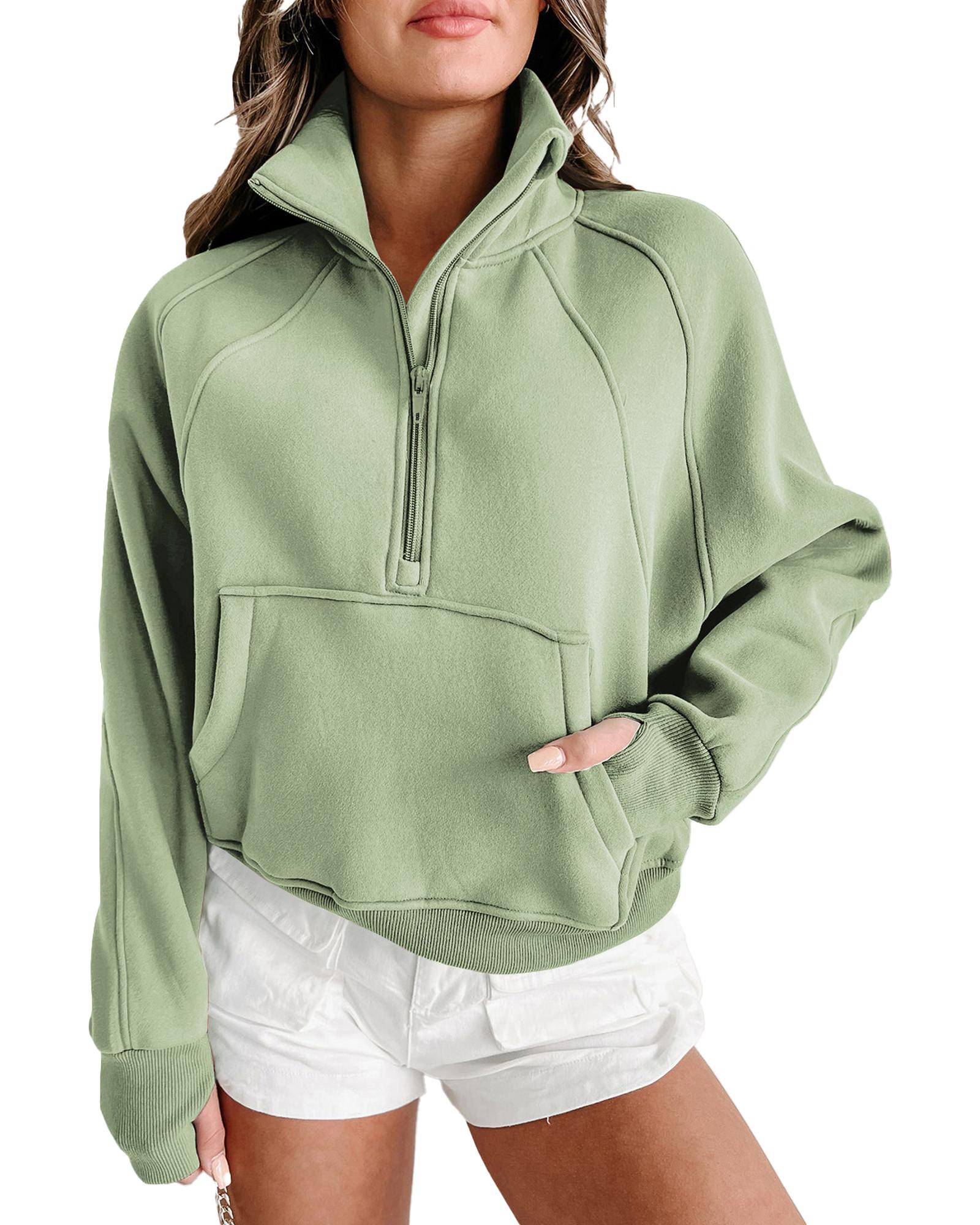 Smoke Green Fleece Lined Zip Up Stand Collar Thumbhole Sleeve Sweatshirt - Image 3