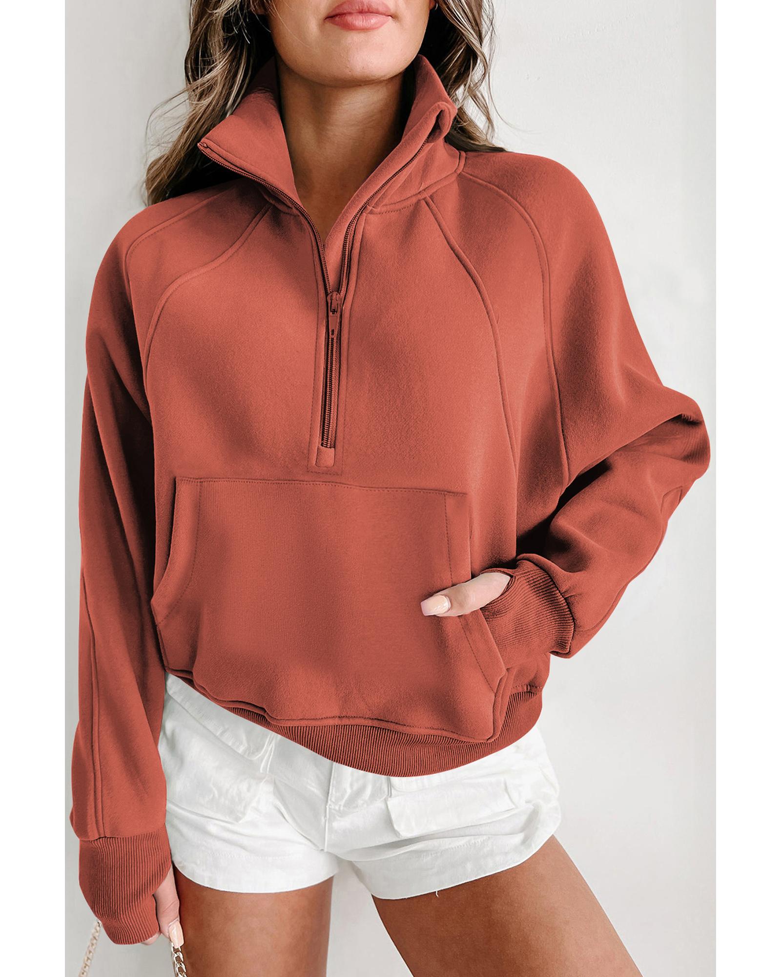 Flamingo Fleece Lined Zip Up Stand Collar Thumbhole Sleeve Sweatshirt - Image 4
