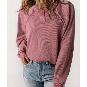 Red Waffle Knit Raglan Sleeve Henley Sweatshirt