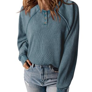 Sea Green Waffle Knit Raglan Sleeve Henley Sweatshirt