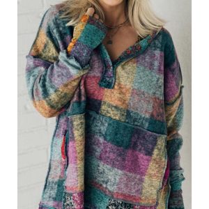 Multicolor Brushed Plaid Buttoned Pullover Oversized Hoodie
