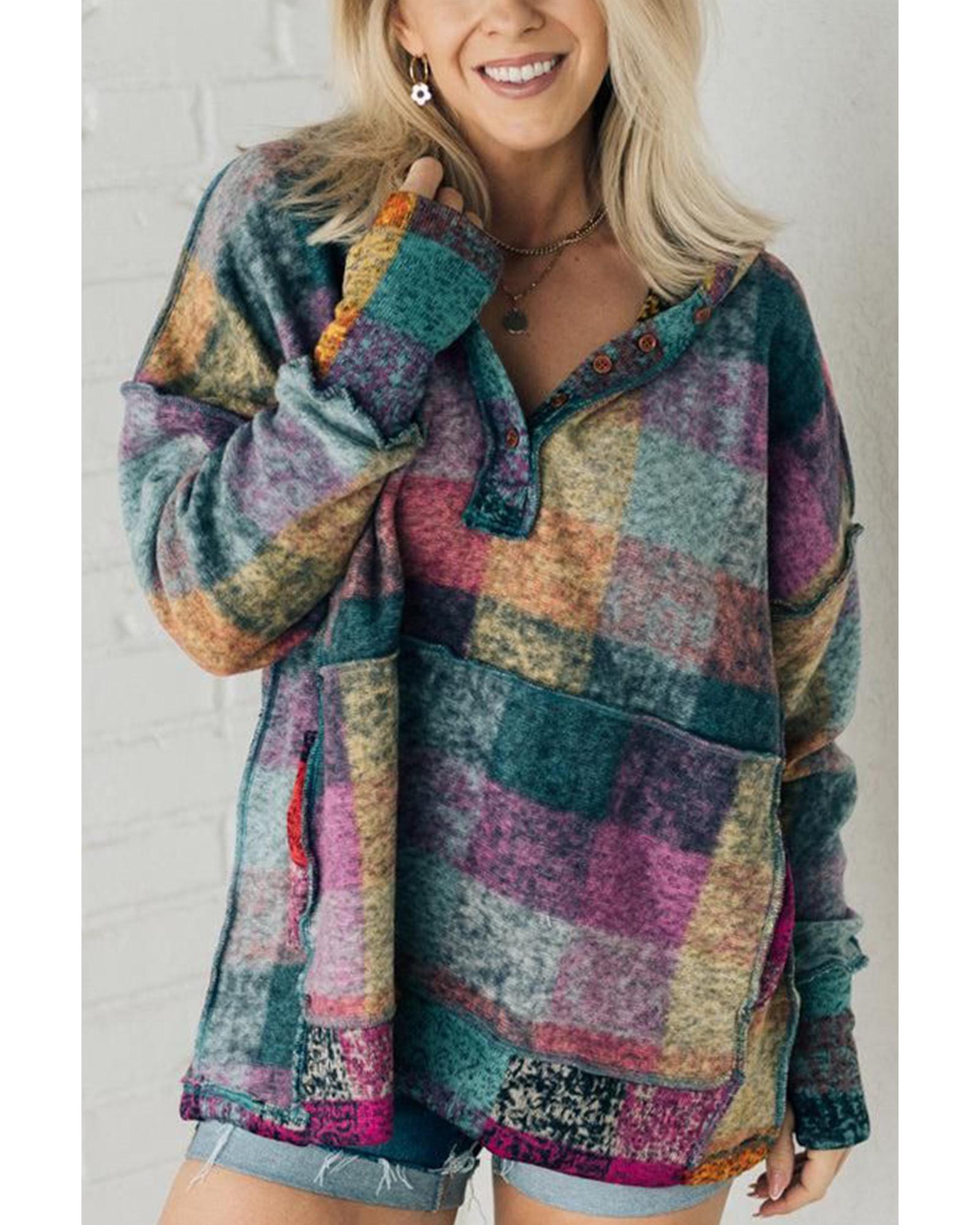 Multicolor Brushed Plaid Buttoned Pullover Oversized Hoodie