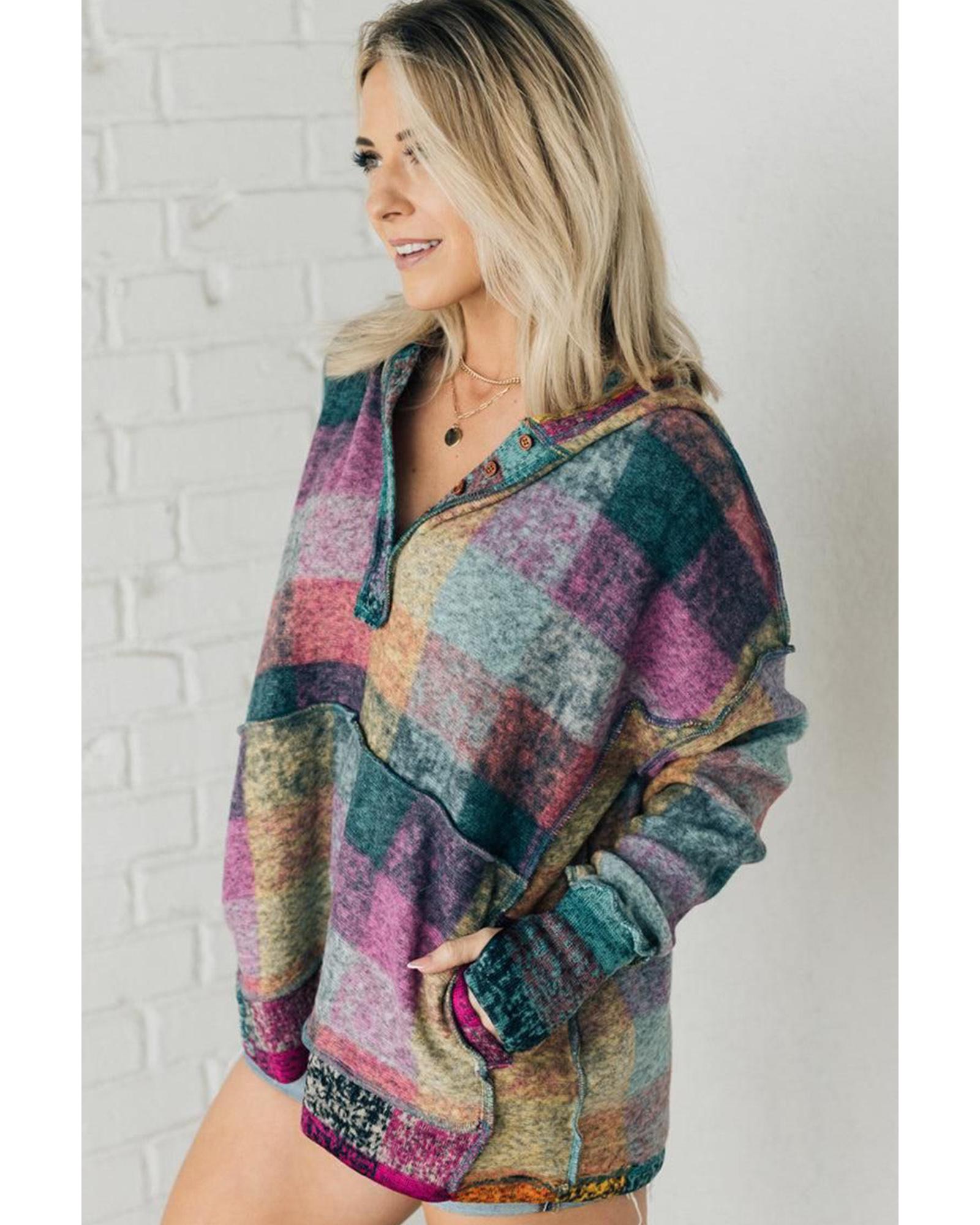 Multicolor Brushed Plaid Buttoned Pullover Oversized Hoodie - Image 2