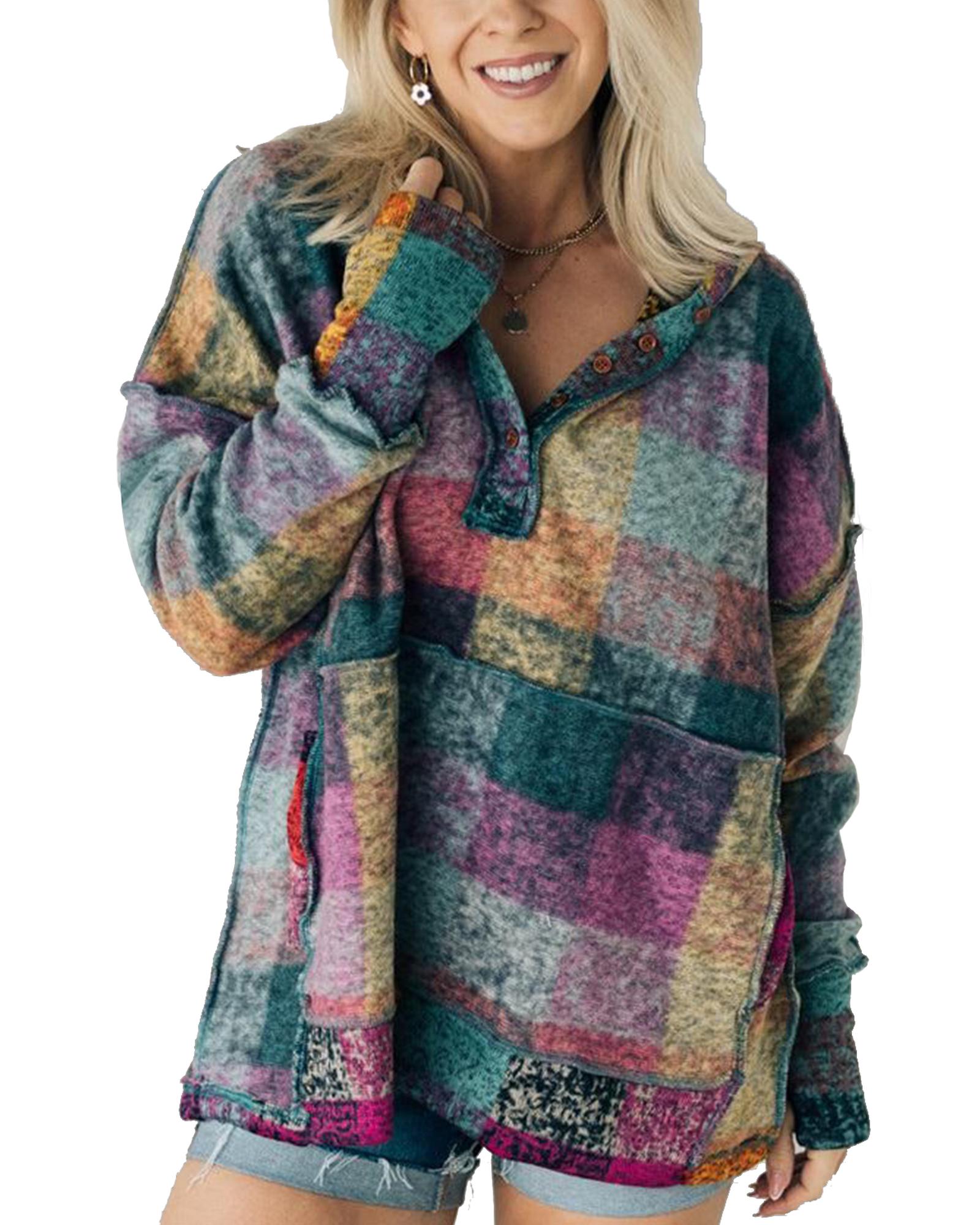 Multicolor Brushed Plaid Buttoned Pullover Oversized Hoodie - Image 3