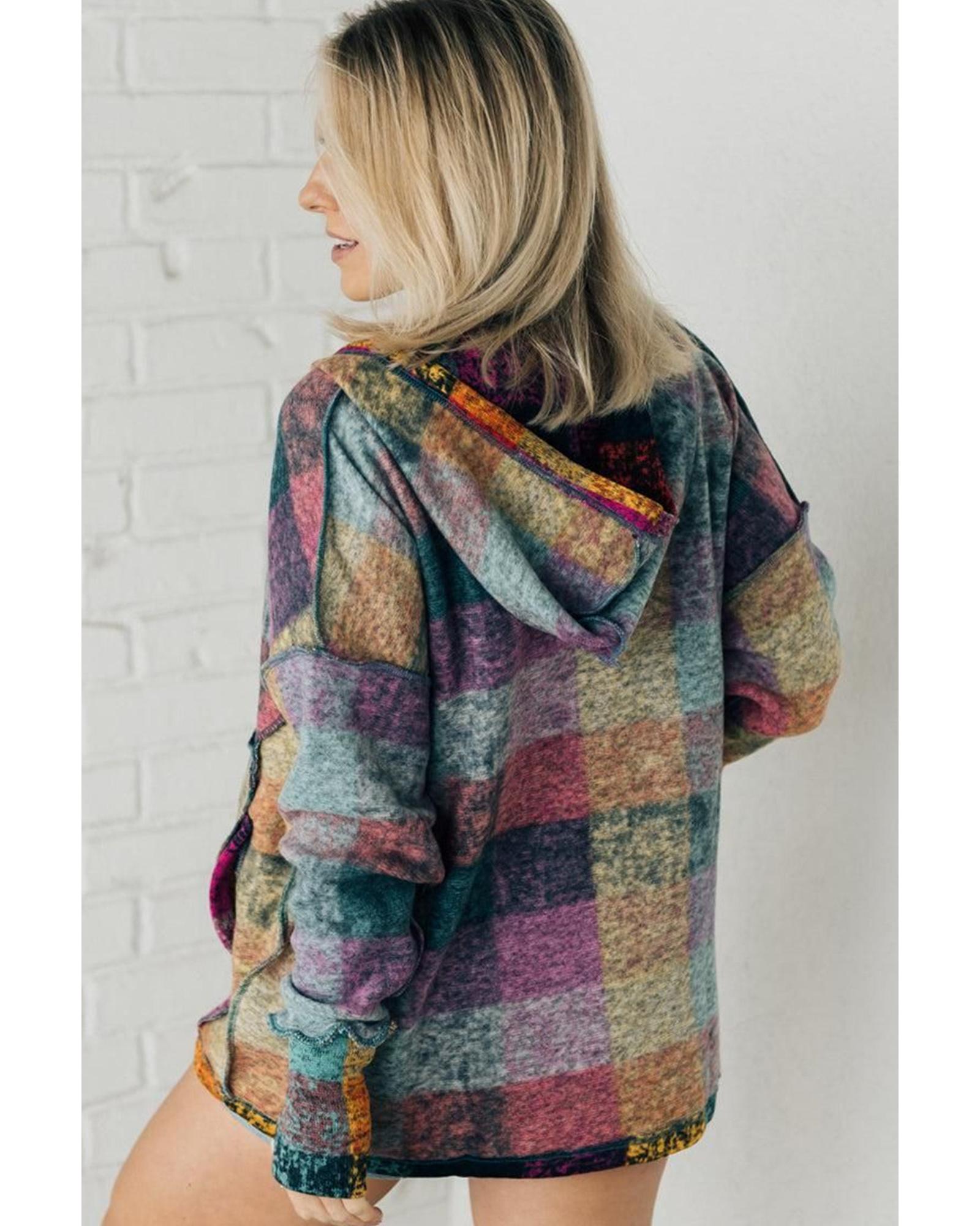 Multicolor Brushed Plaid Buttoned Pullover Oversized Hoodie - Image 4