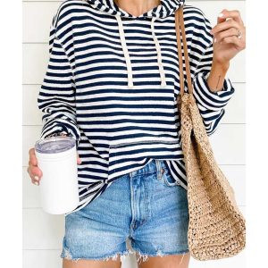Stripe Kangaroo Pocket Drawstring Hoodie