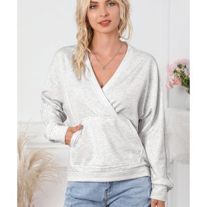 Gray Contrast Trim V Neck Wrap Sweatshirt with Pocket