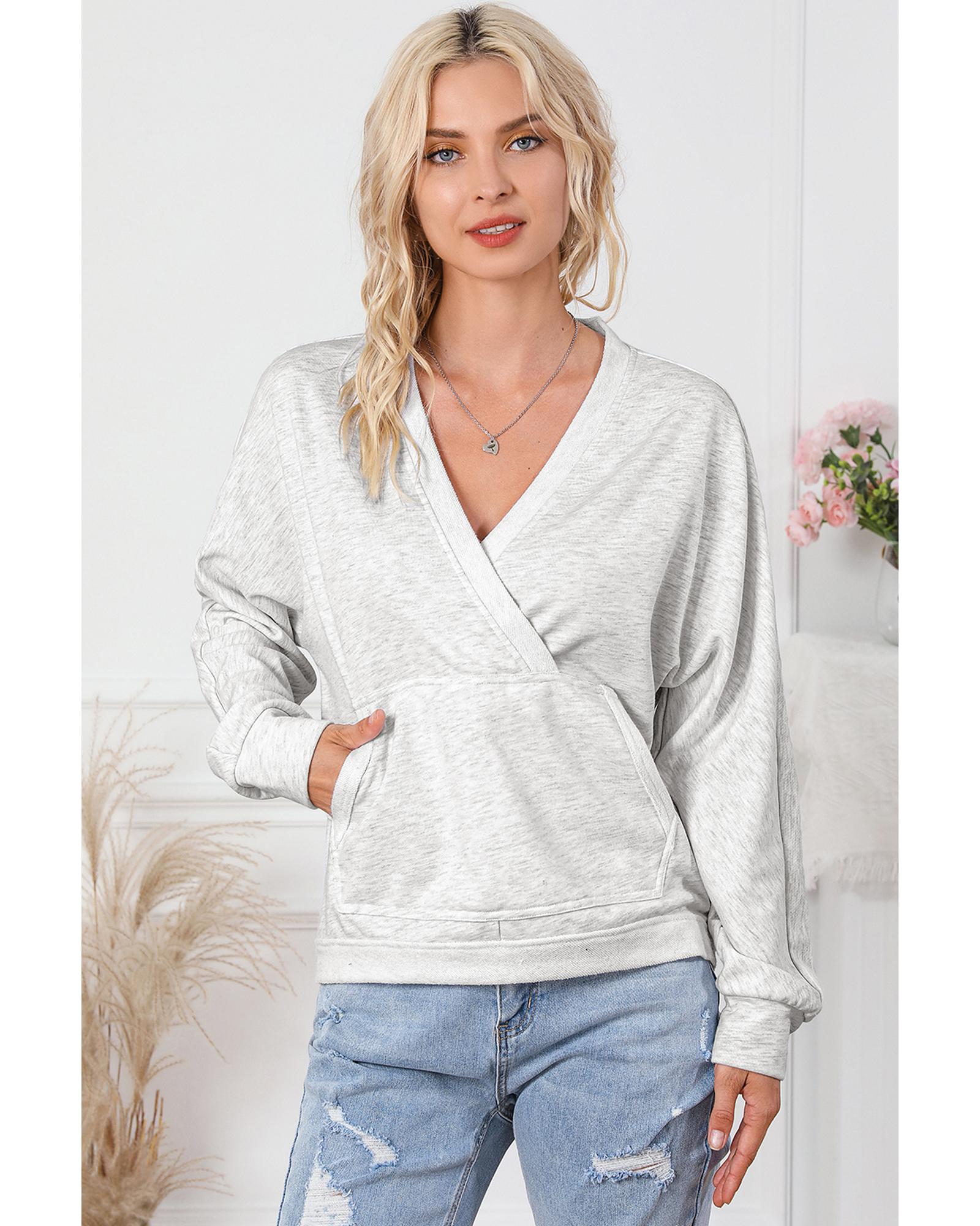 Gray Contrast Trim V Neck Wrap Sweatshirt with Pocket