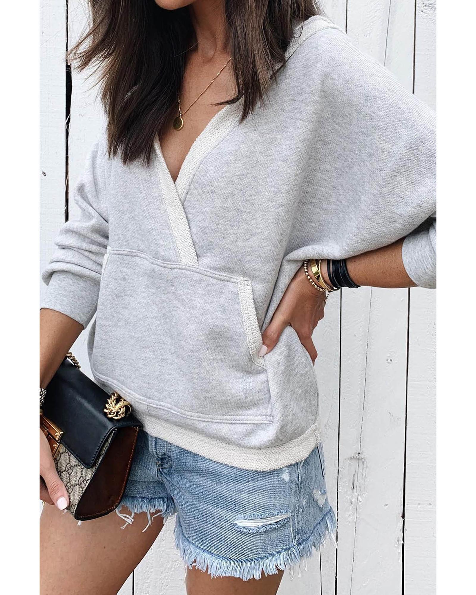 Gray Contrast Trim V Neck Wrap Sweatshirt with Pocket - Image 2