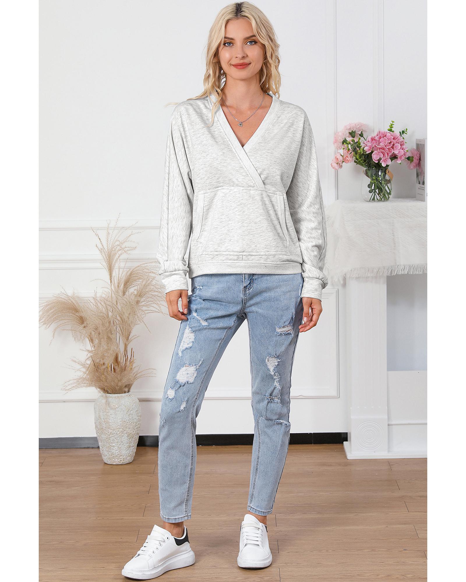 Gray Contrast Trim V Neck Wrap Sweatshirt with Pocket - Image 3