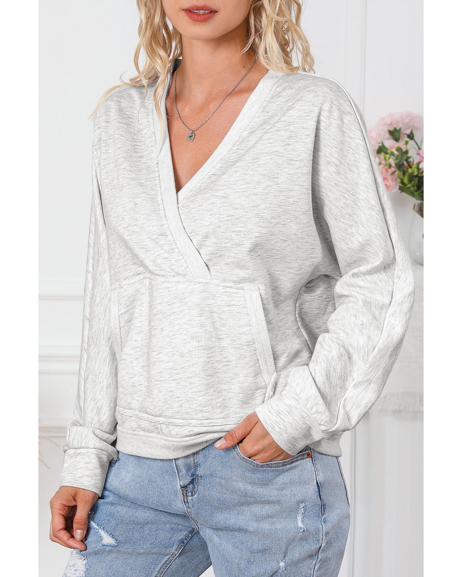 Gray Contrast Trim V Neck Wrap Sweatshirt with Pocket - Image 4