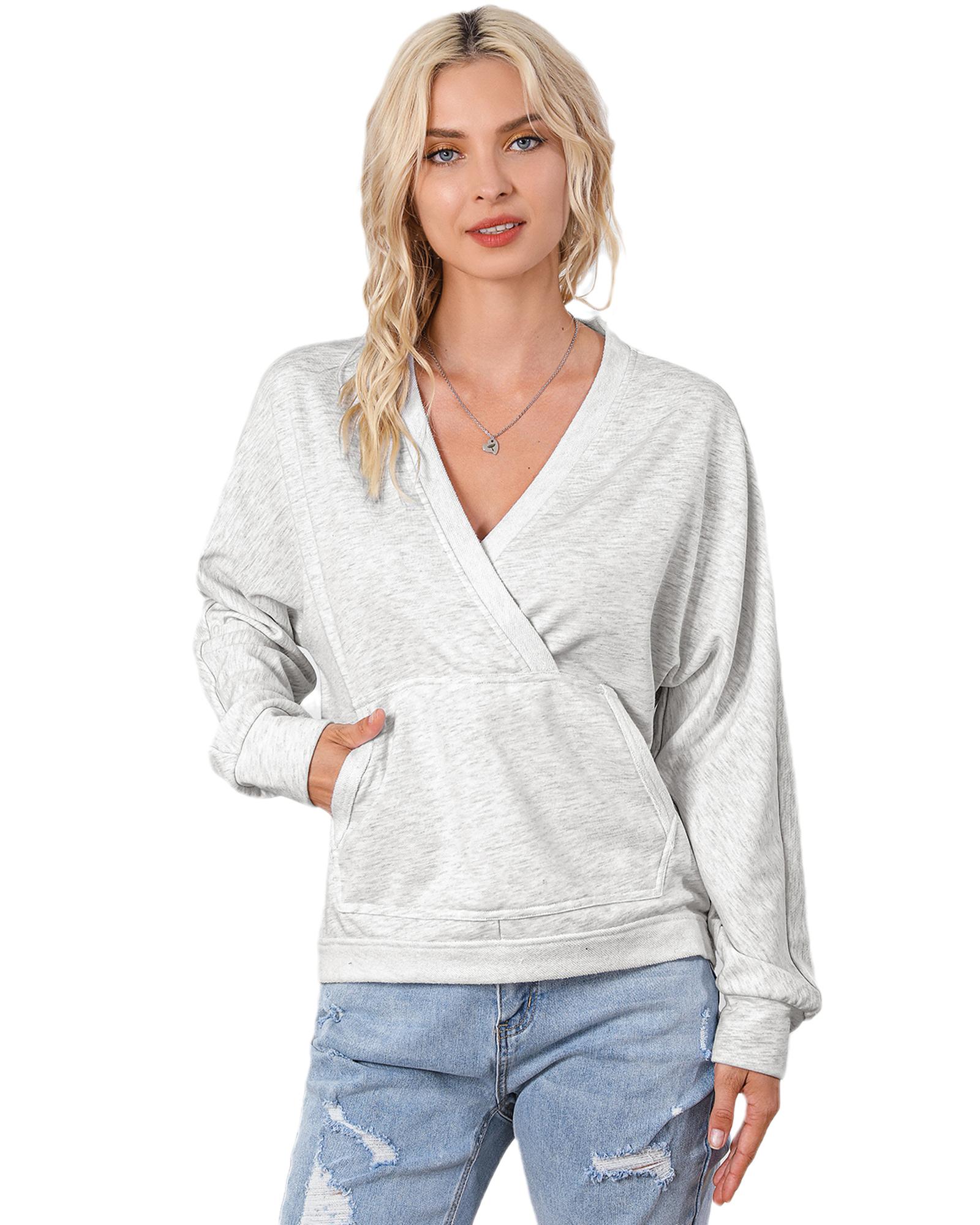 Gray Contrast Trim V Neck Wrap Sweatshirt with Pocket - Image 5
