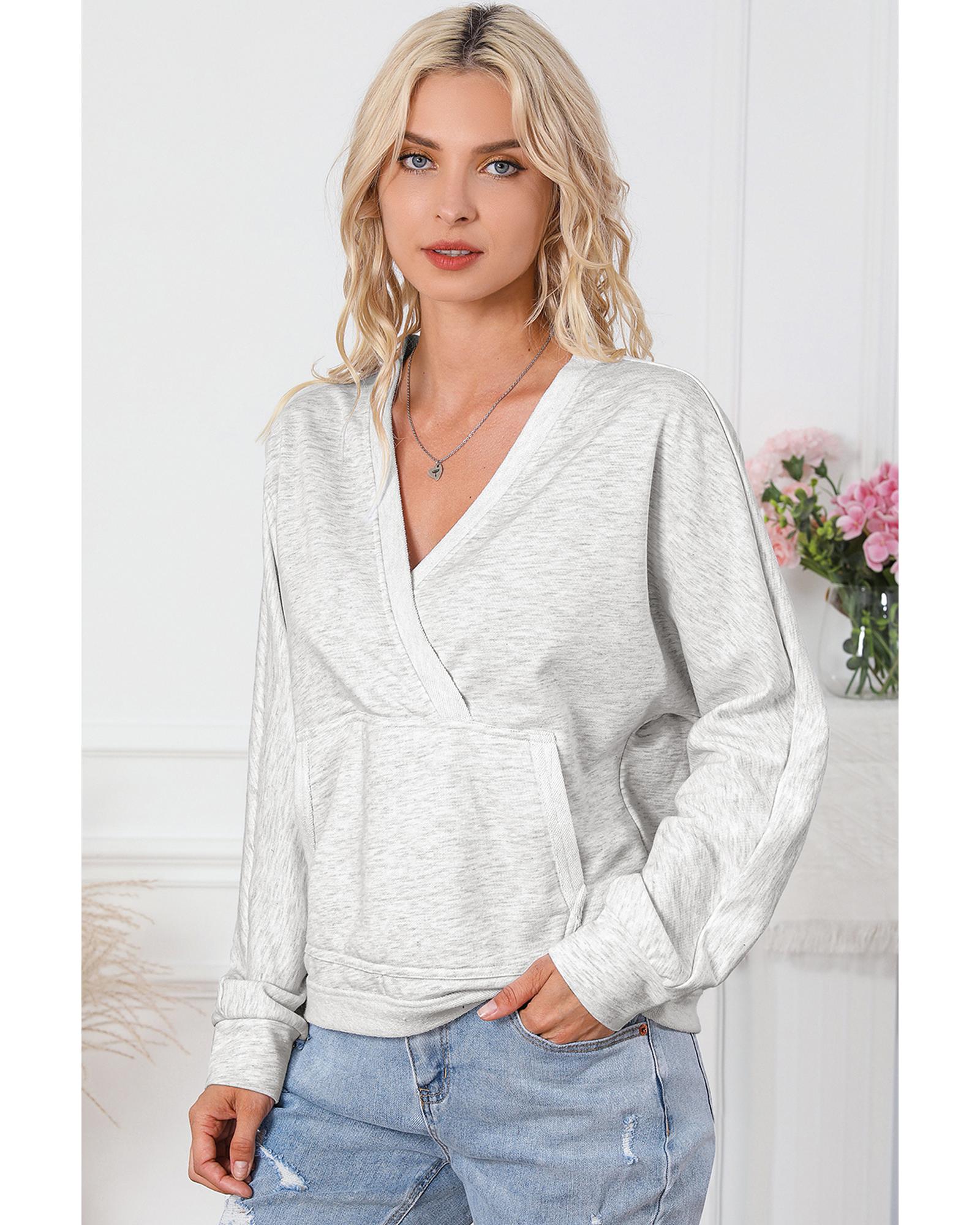 Gray Contrast Trim V Neck Wrap Sweatshirt with Pocket - Image 6