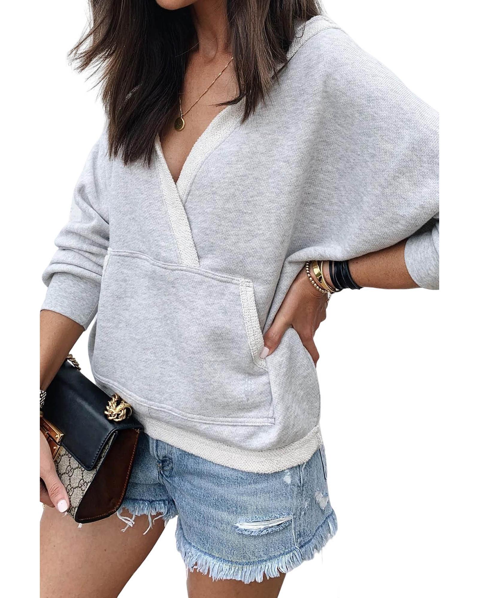 Gray Contrast Trim V Neck Wrap Sweatshirt with Pocket - Image 7