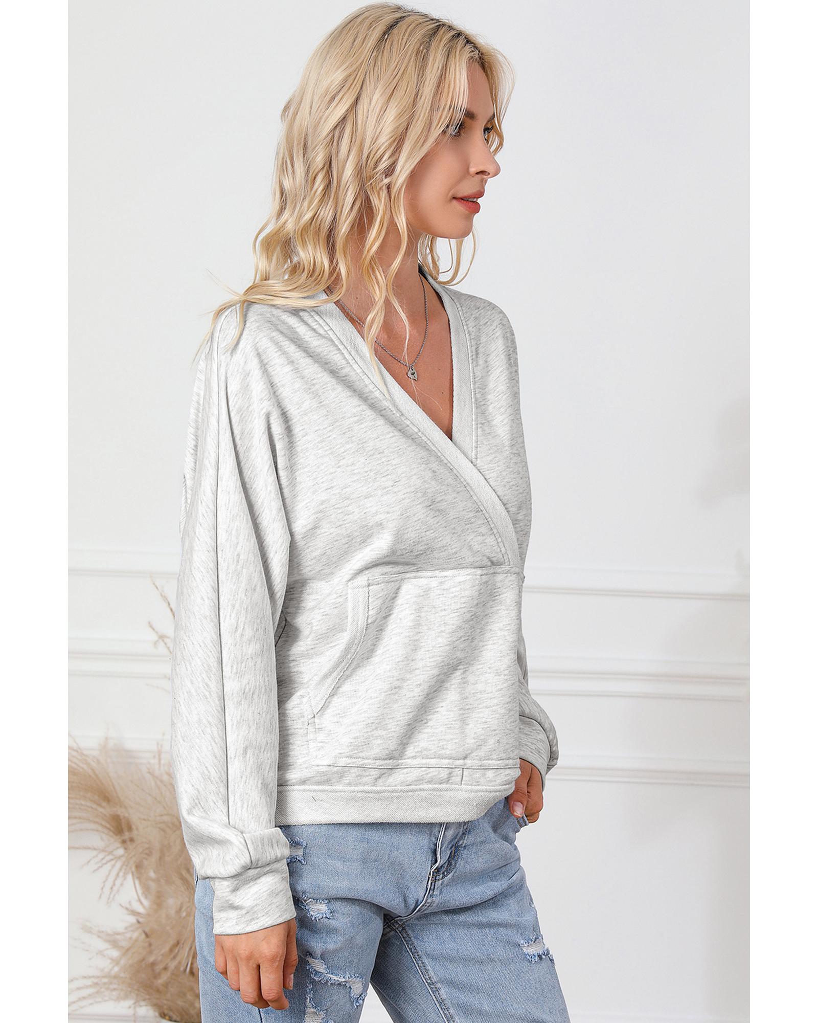 Gray Contrast Trim V Neck Wrap Sweatshirt with Pocket - Image 8