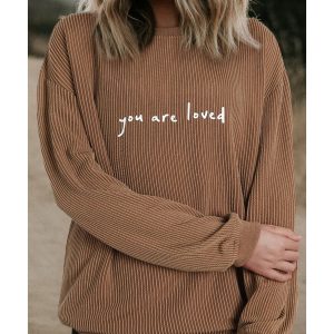 Khaki You Are Loved Print Corduroy Sweatshirt