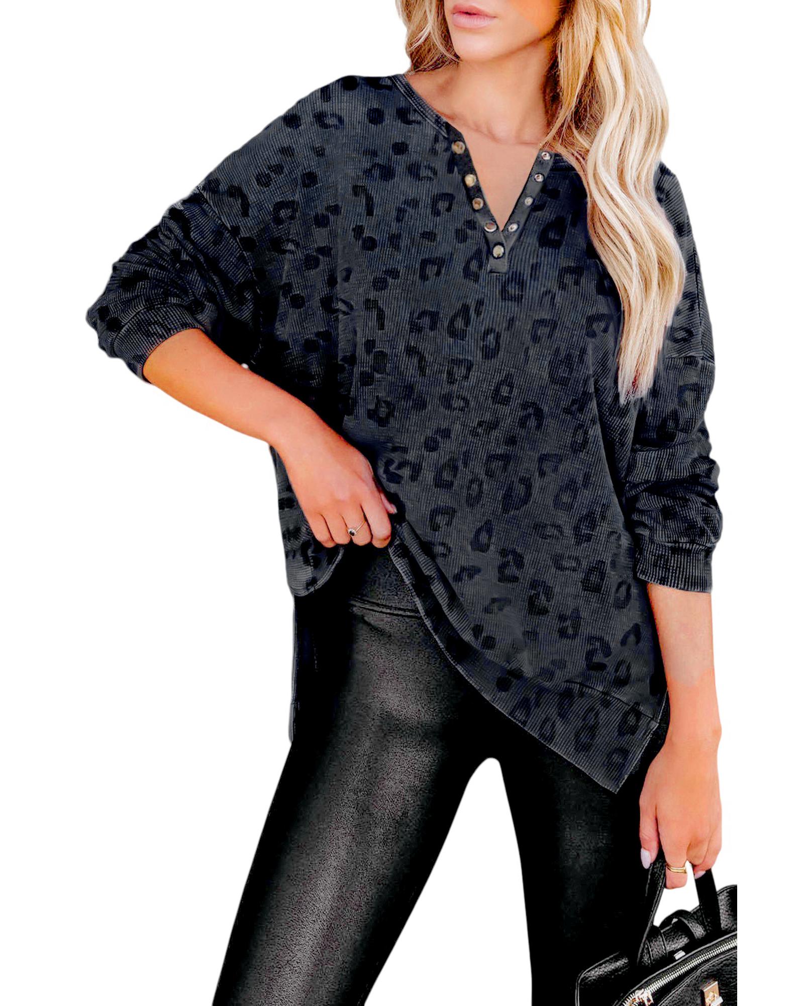 Gray Leopard Print Button Split Neck Waffle Sweatshirt