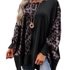 Black Leopard Patchwork Bishop Sleeve Slit Sweatshirt