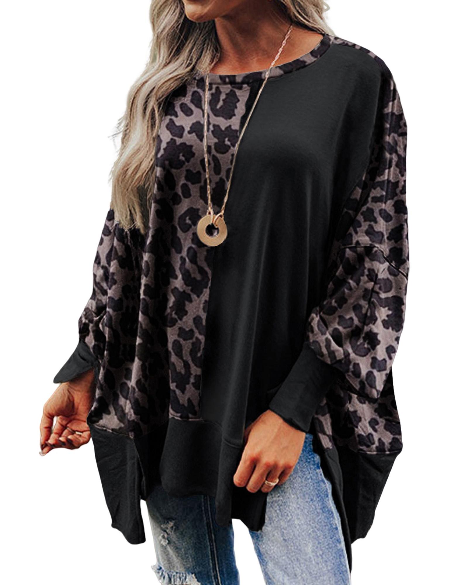 Black Leopard Patchwork Bishop Sleeve Slit Sweatshirt