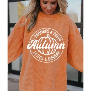 Orange Autumn Pumpkin Graphic Print Corded Oversized Sweatshirt