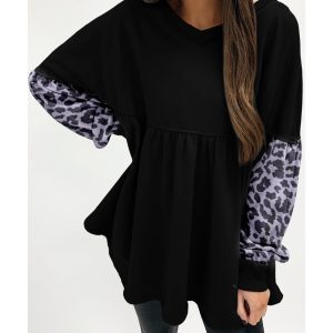 Azura Exchange Leopard Splicing Ruffle Sweatshirt