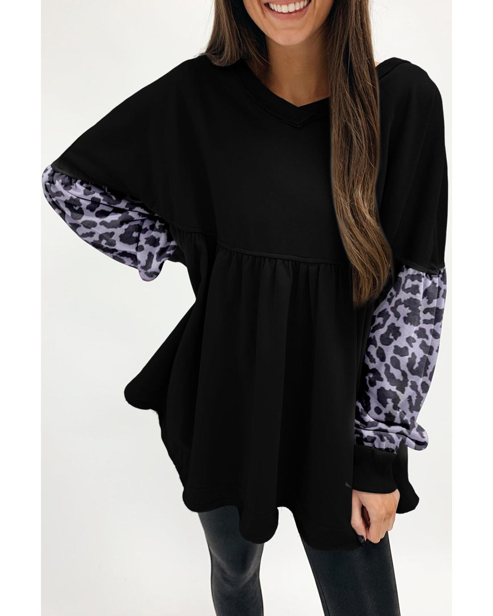 Azura Exchange Leopard Splicing Ruffle Sweatshirt