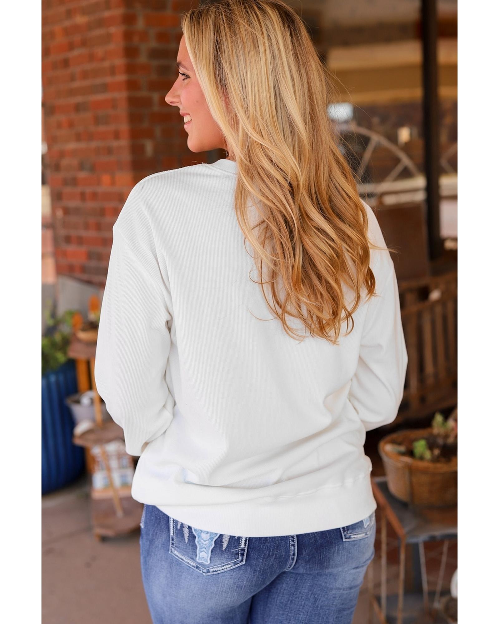 White WILD WEST Steer Skull Graphic Ribbed Sweatshirt