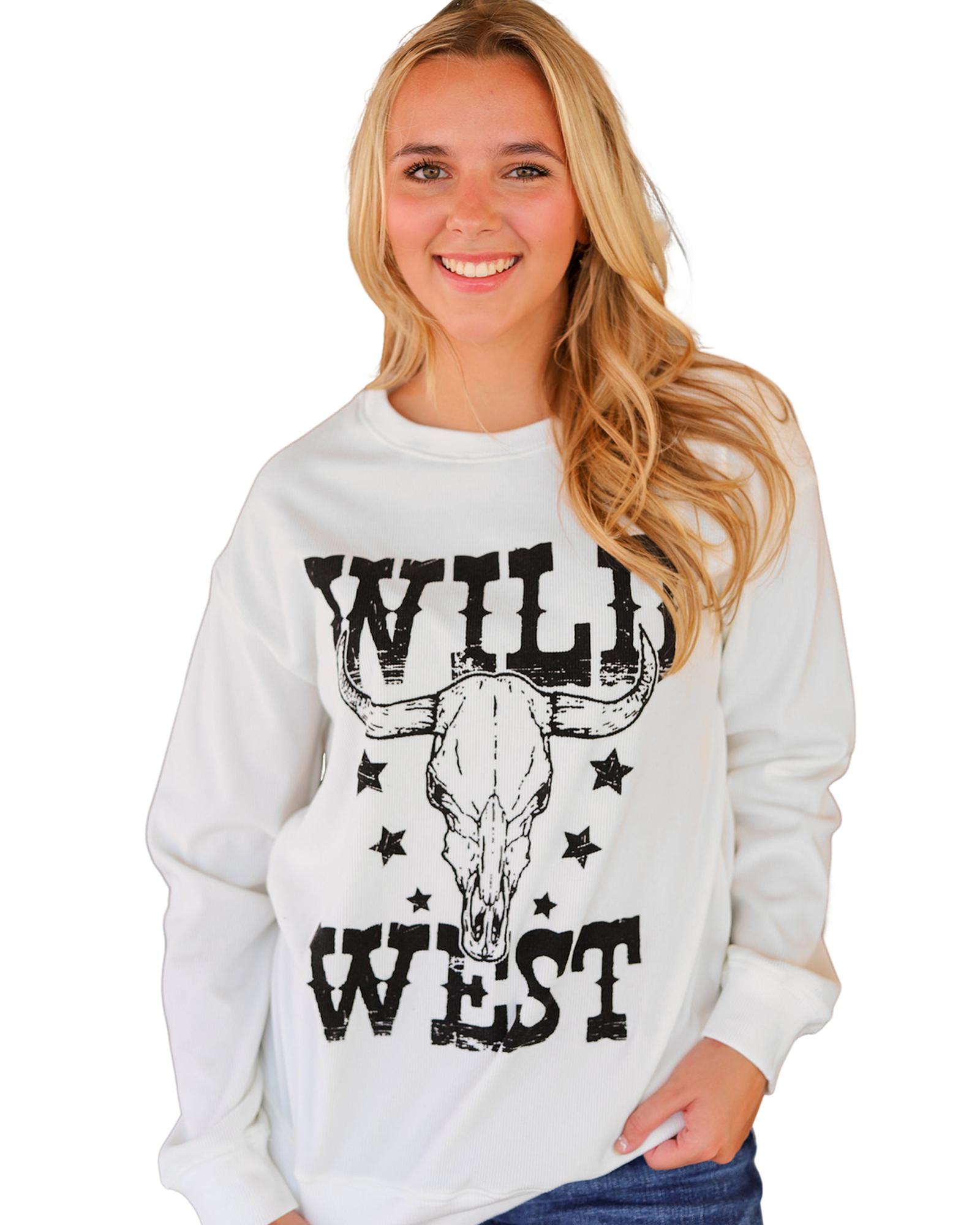 White WILD WEST Steer Skull Graphic Ribbed Sweatshirt - Image 2