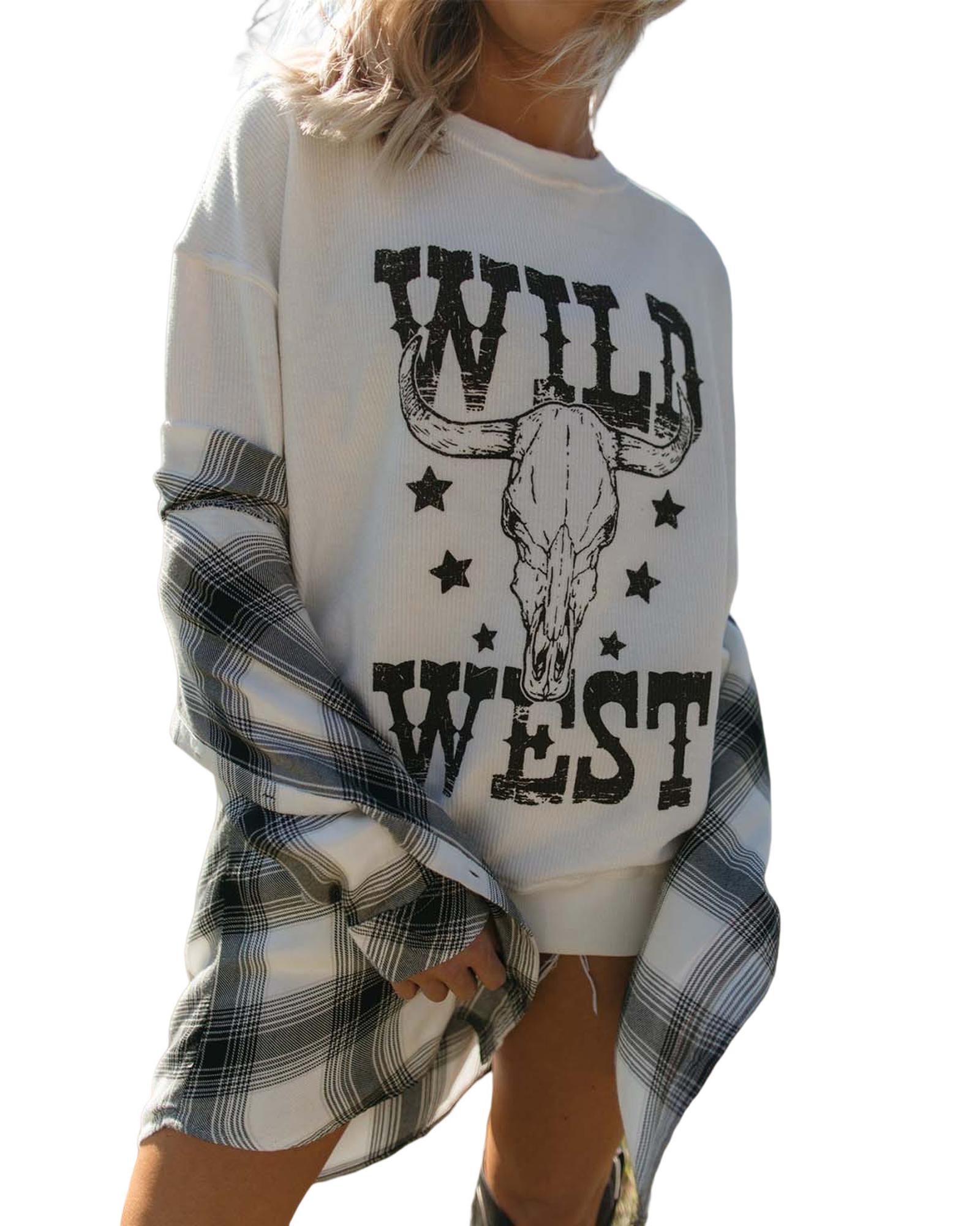 White WILD WEST Steer Skull Graphic Ribbed Sweatshirt - Image 3