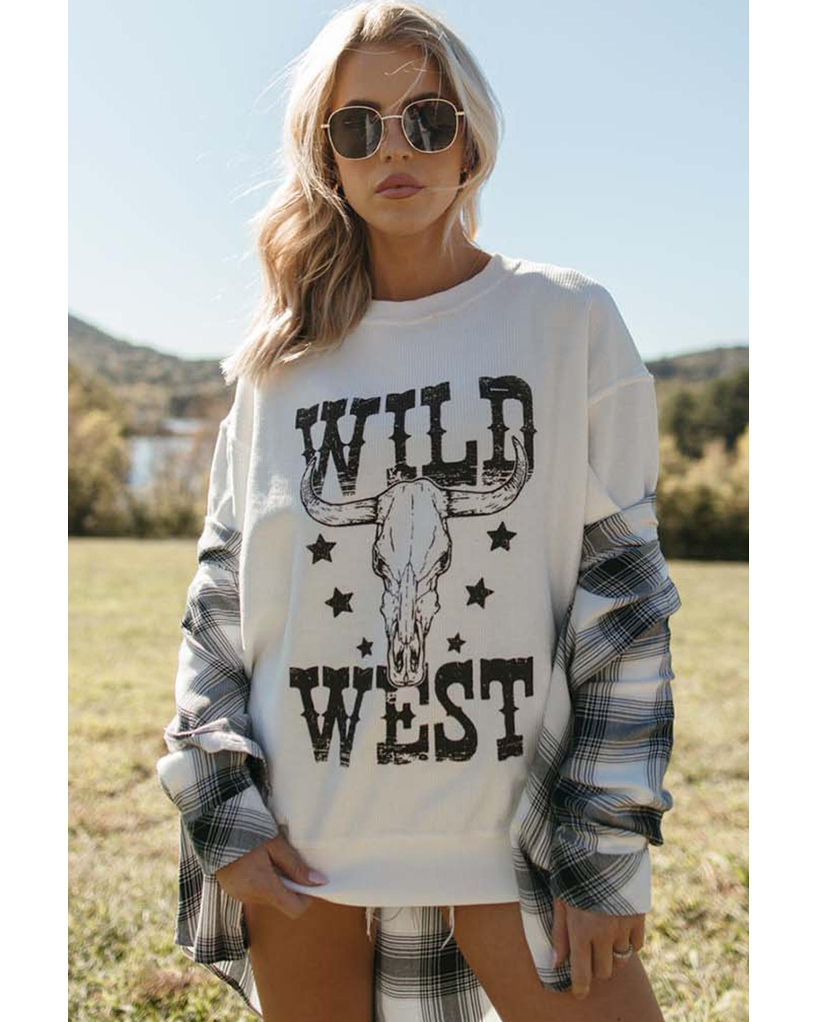 White WILD WEST Steer Skull Graphic Ribbed Sweatshirt - Image 4