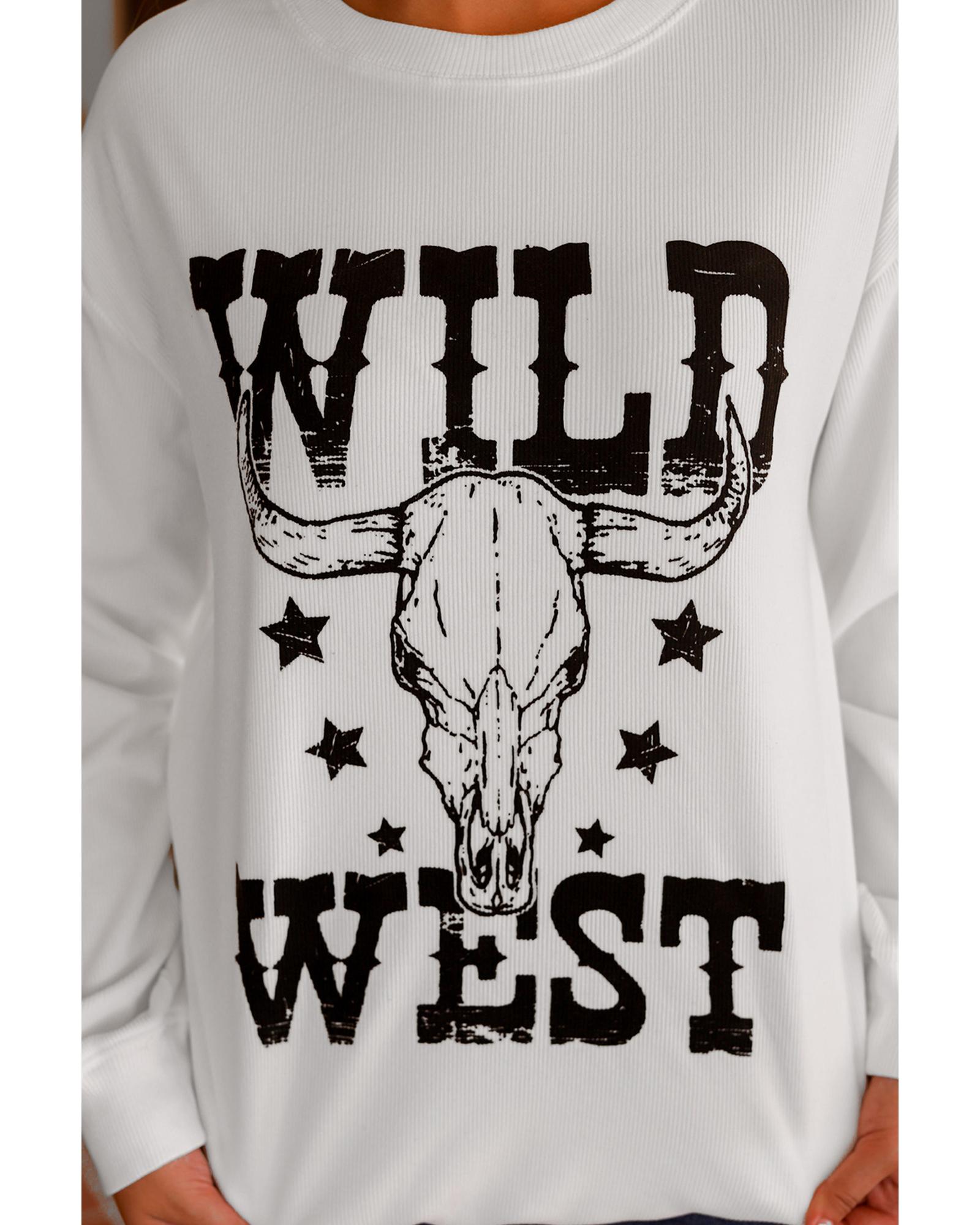 White WILD WEST Steer Skull Graphic Ribbed Sweatshirt - Image 5
