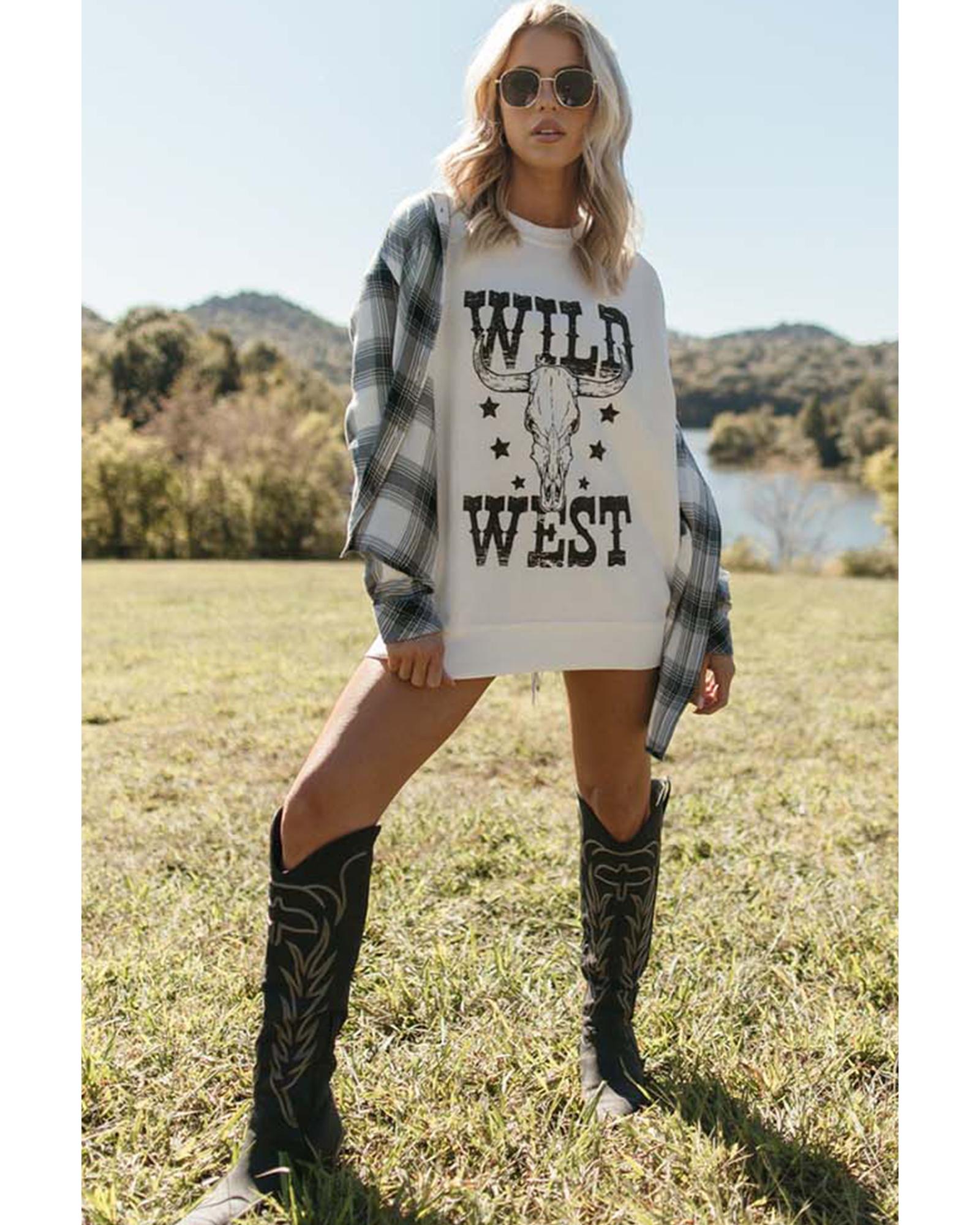 White WILD WEST Steer Skull Graphic Ribbed Sweatshirt - Image 6
