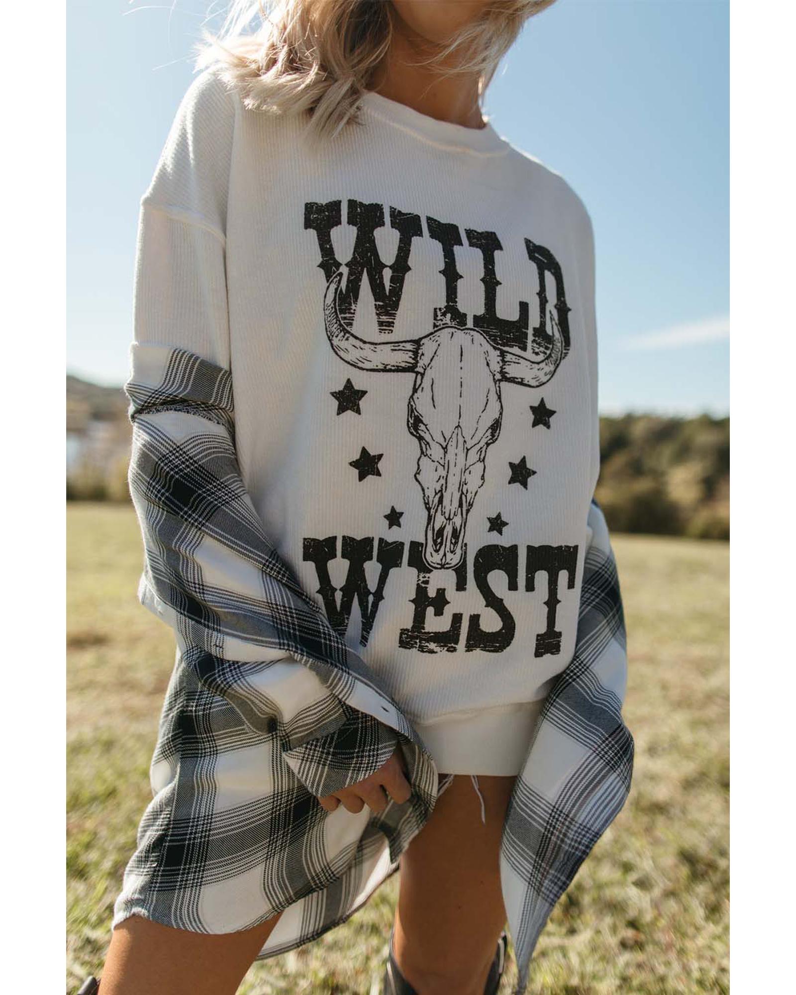 White WILD WEST Steer Skull Graphic Ribbed Sweatshirt - Image 7