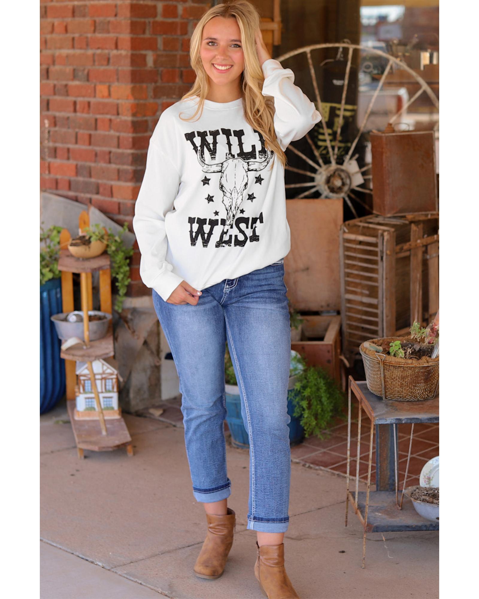 White WILD WEST Steer Skull Graphic Ribbed Sweatshirt - Image 8