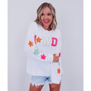 Azura Exchange White Glitter Howdy Patch Graphic Casual Sweatshirt