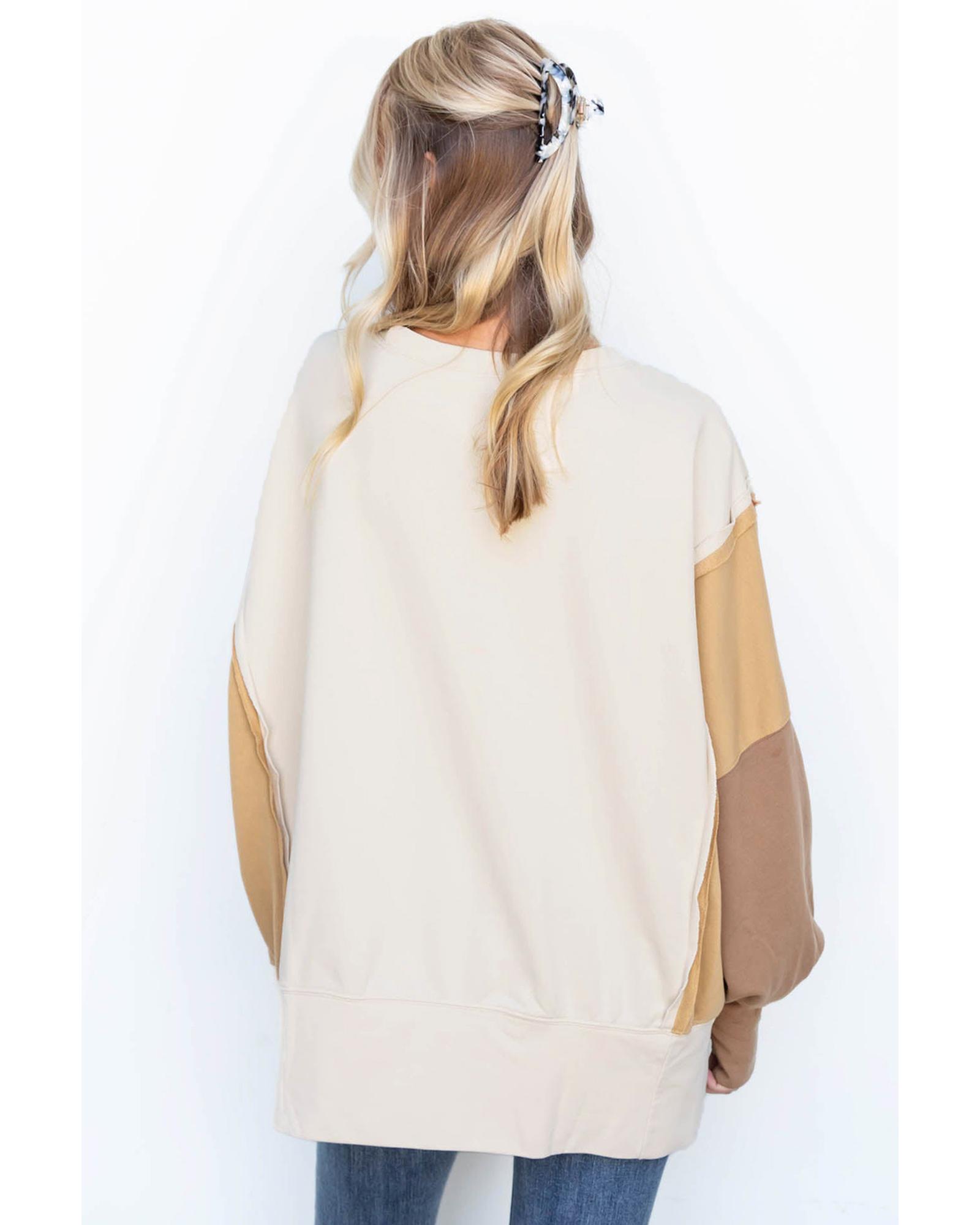 Khaki Color Block Sleeve Patchwork Oversized Sweatshirt