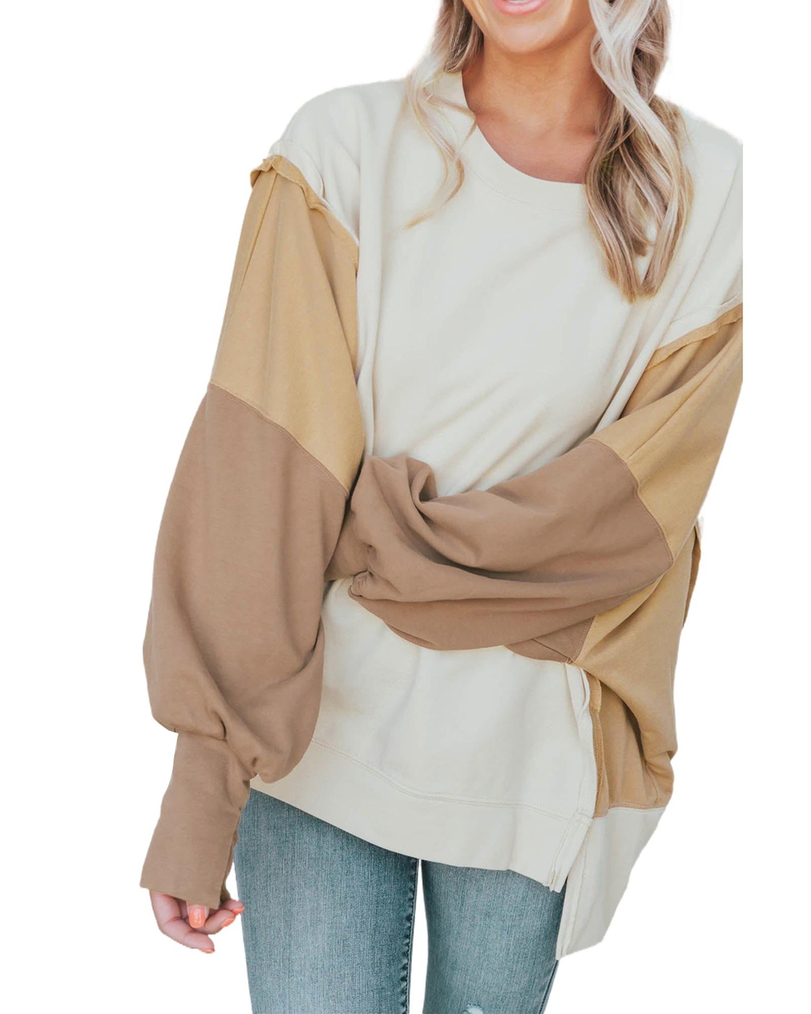 Khaki Color Block Sleeve Patchwork Oversized Sweatshirt - Image 2