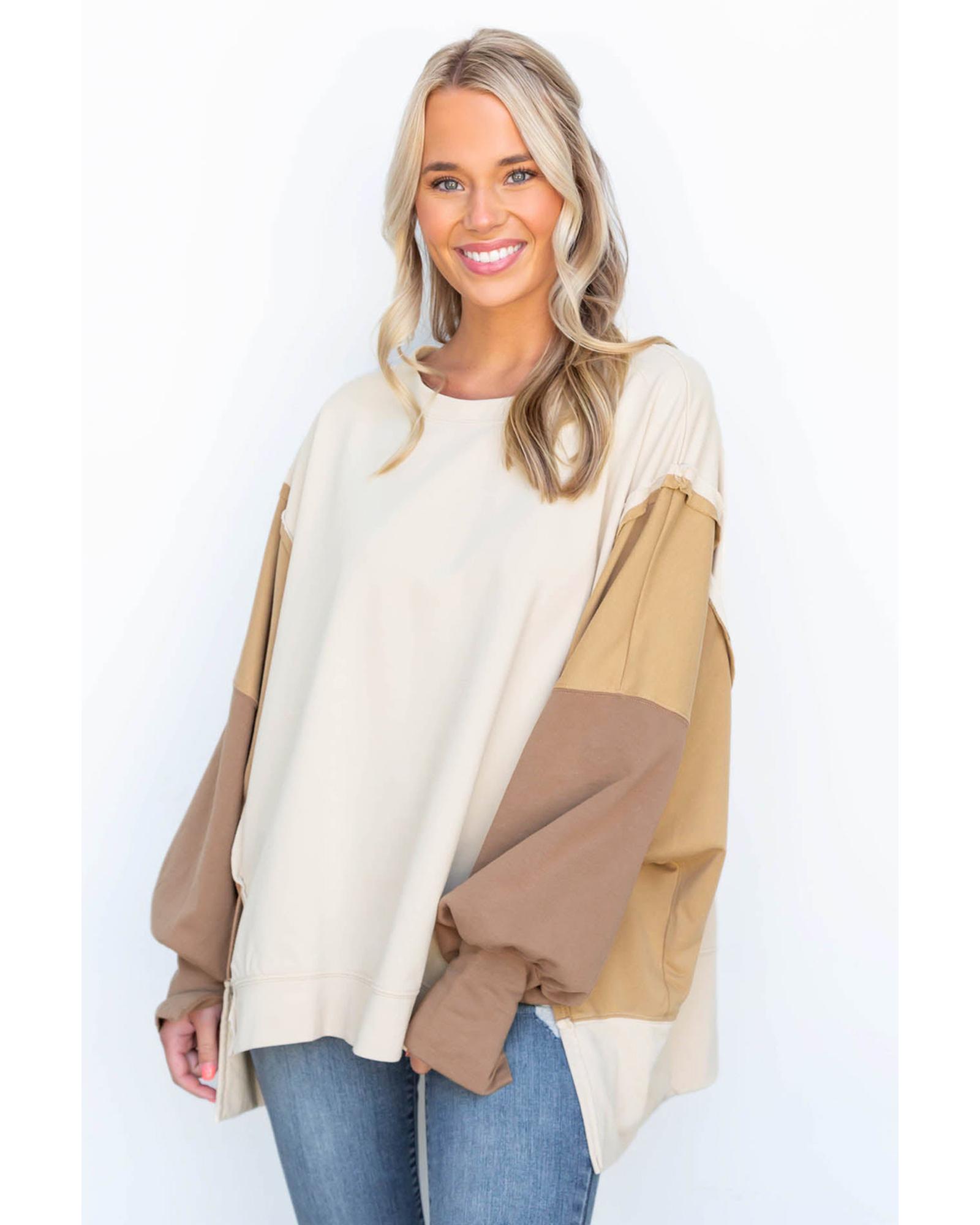 Khaki Color Block Sleeve Patchwork Oversized Sweatshirt - Image 3