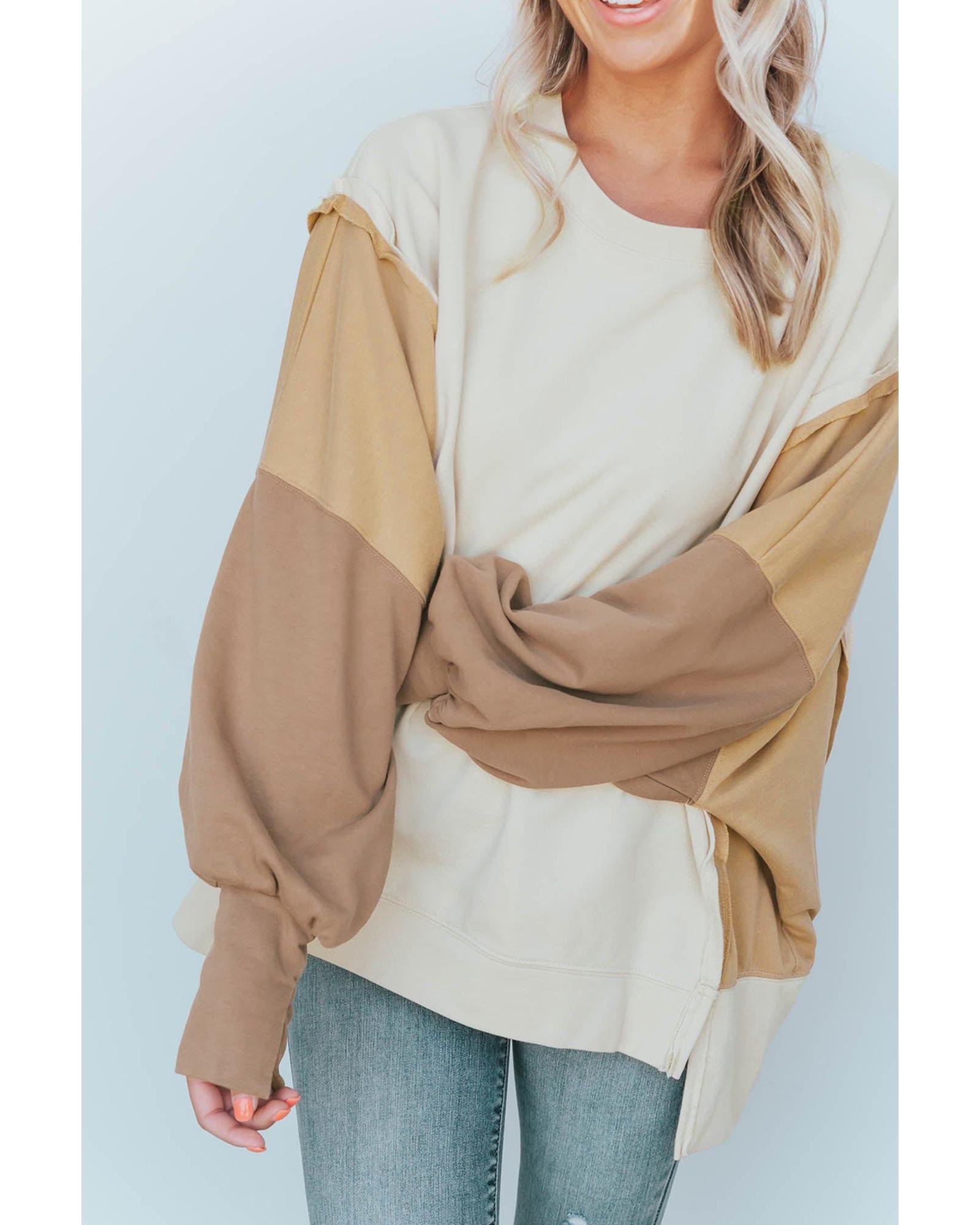 Khaki Color Block Sleeve Patchwork Oversized Sweatshirt - Image 5