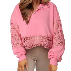 Pink Hollowed Lace Splicing Cropped Sweatshirt
