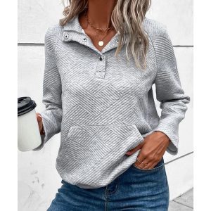 Light Grey Textured Knit Buttoned Kangaroo Pocket Sweatshirt