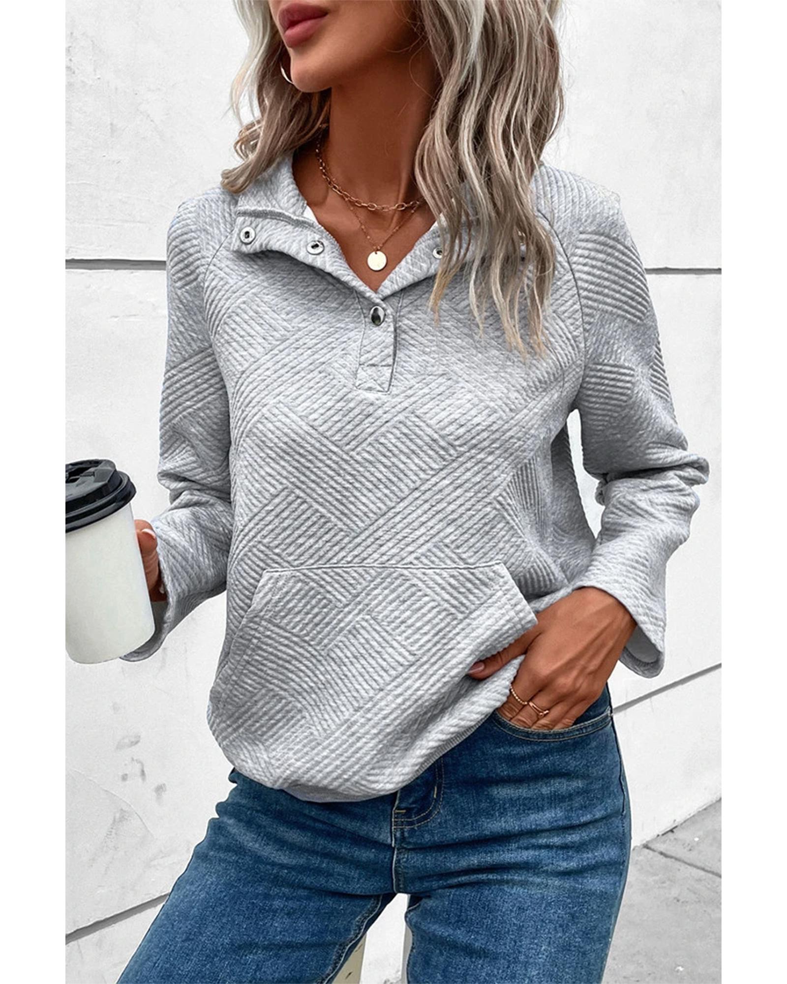 Light Grey Textured Knit Buttoned Kangaroo Pocket Sweatshirt