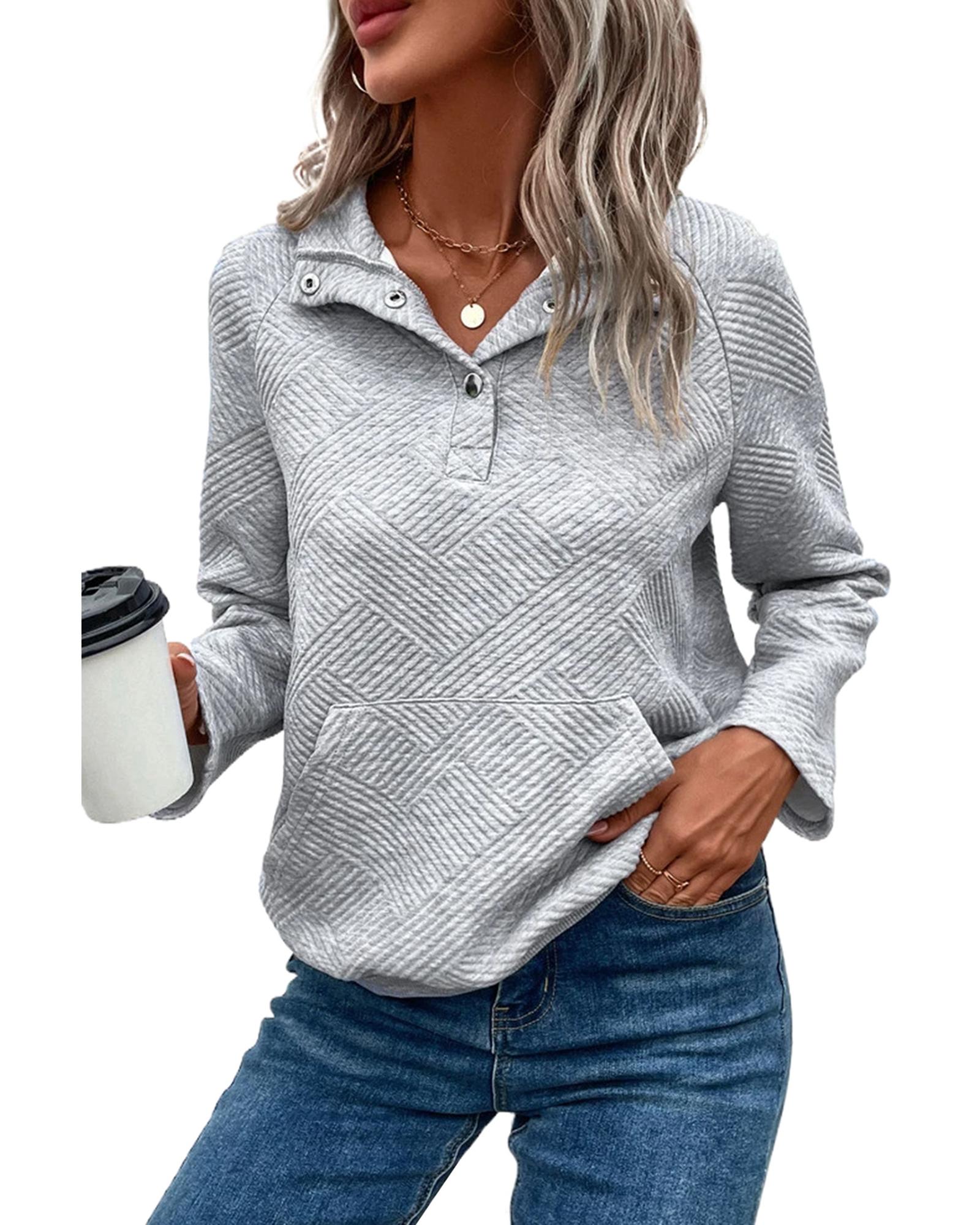 Light Grey Textured Knit Buttoned Kangaroo Pocket Sweatshirt - Image 2