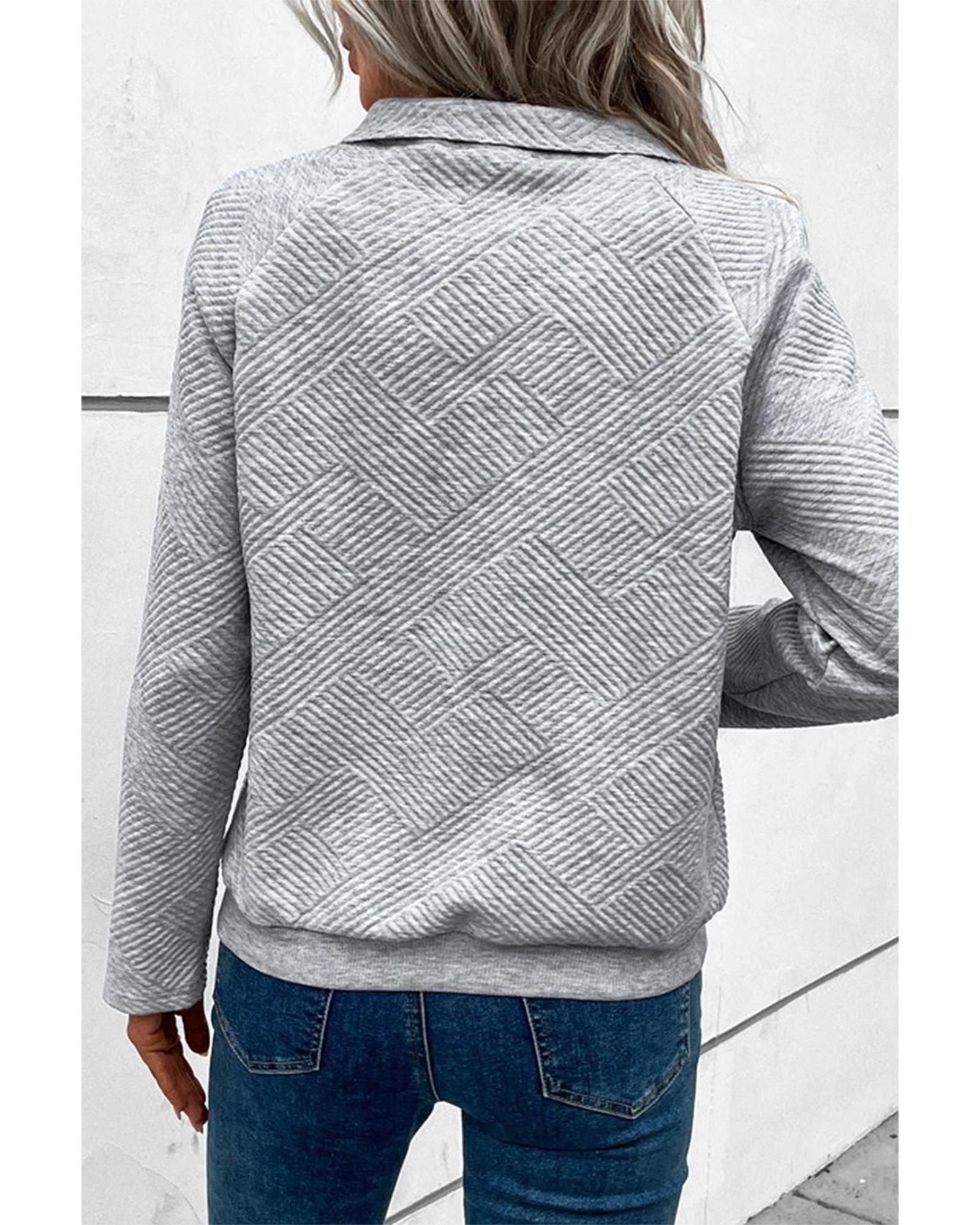Light Grey Textured Knit Buttoned Kangaroo Pocket Sweatshirt - Image 4