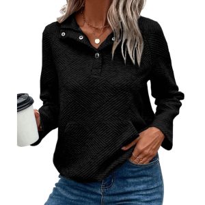 Black Textured Knit Buttoned Kangaroo Pocket Sweatshirt