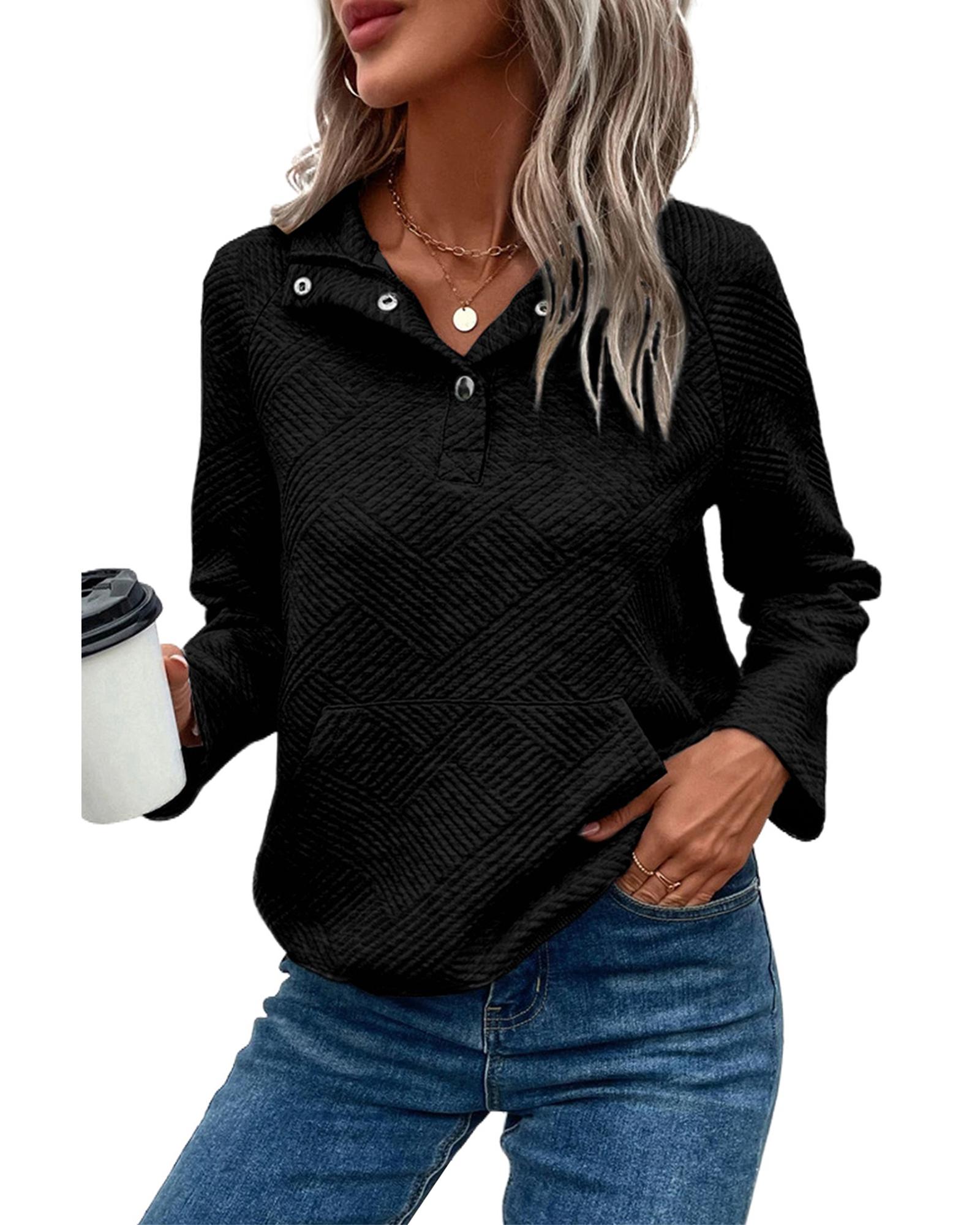 Black Textured Knit Buttoned Kangaroo Pocket Sweatshirt