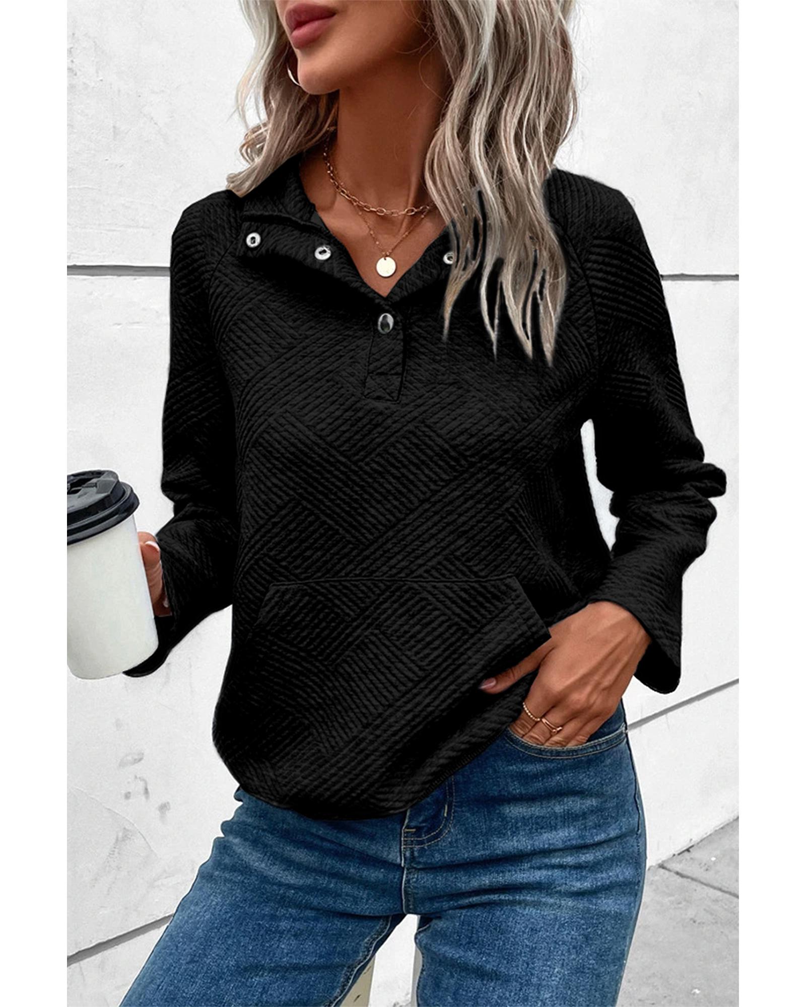 Black Textured Knit Buttoned Kangaroo Pocket Sweatshirt - Image 2