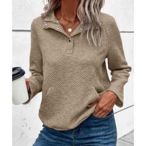 Pale Khaki Textured Knit Buttoned Kangaroo Pocket Sweatshirt