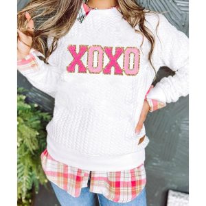 White XOXO Glitter Chenille Cable Knit Pullover Sweatshirt